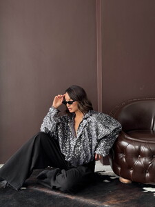 Payetli Oversize Kadın Ceket – Fermuarlı Işıltılı Şık Üst - Siyah Gümüş #2