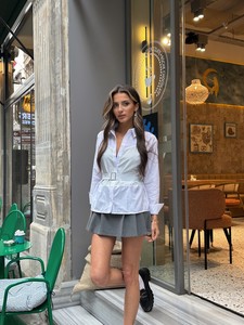 Topshow Beyaz Mavi Kemer Detaylı Toptan Gömlek #2