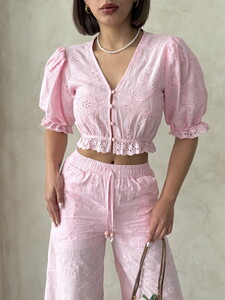 Embroidered Blouse with Trim Detail - Pink | Topshow #4
