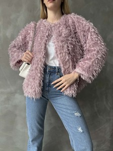 Topshow Lila Saçaklı Peluş Toptan Ceket #4