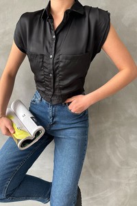 Topshow Siyah Sıfır Kollu Saten Göbek Üstü Toptan Gömlek