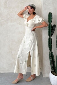 D 2901 NAKIŞLI KETEN ELBİSE - HAKİ
