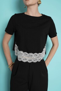 D 3001  DANTEL DETAYLI BİSİKLET YAKA T SHIRT - SİYAH #4