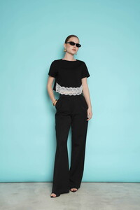 D 3001  DANTEL DETAYLI BİSİKLET YAKA T SHIRT - SİYAH #3