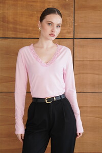 F 2088 YAKASI DANTEL DETAYLI SWEATSHIRT - PEMBE