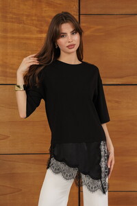 Topshow - Dantel Ve Saten Detaylı Asimetrik Tişört - Siyah | D2942 #1