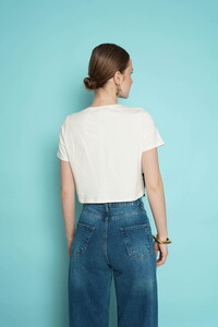 D 3001  DANTEL DETAYLI BİSİKLET YAKA T SHIRT - KREM #4