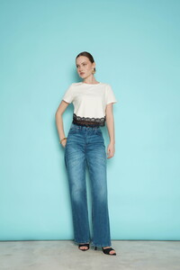 D 3001  DANTEL DETAYLI BİSİKLET YAKA T SHIRT - KREM #2