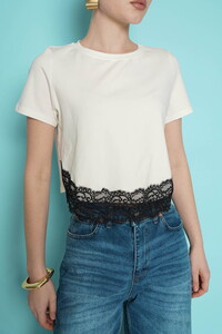 D 3001  DANTEL DETAYLI BİSİKLET YAKA T SHIRT - KREM #3