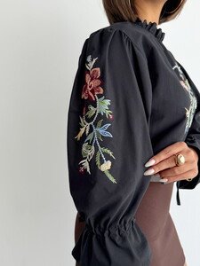 Flower Embroidered Long Sleeve Blouse - BLACK #4