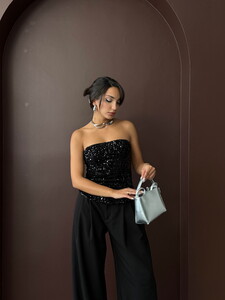 Topshow Arkadan Fermuarlı Straplez Bluz - Siyah | F2056 #2