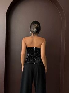 Topshow Arkadan Fermuarlı Straplez Bluz - Siyah | F2056 #5