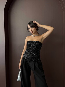 Topshow Arkadan Fermuarlı Straplez Bluz - Siyah | F2056 #3