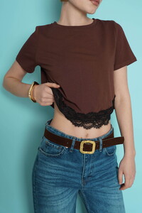 D 3001  DANTEL DETAYLI BİSİKLET YAKA T SHIRT - KAHVE #4