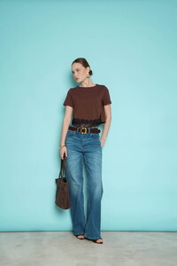 D 3001  DANTEL DETAYLI BİSİKLET YAKA T SHIRT - KAHVE #3