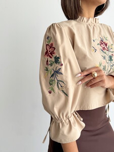 Topshow Flower Embroidered Long Sleeve Wholesale Blouse - Stone #4