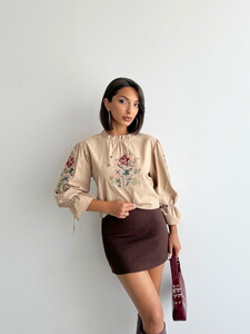Topshow Flower Embroidered Long Sleeve Wholesale Blouse - Stone #2