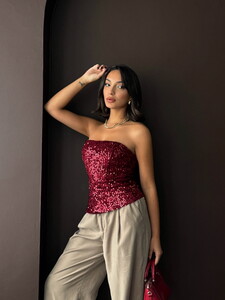 F 2056 ARKADAN FERMUARLI STRAPLEZ BLUZ - BORDO #2