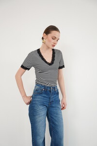 D 3006  YAKA VE  KOL UCU GÜPÜR V YAKA T SHIRT - SİYAH #2