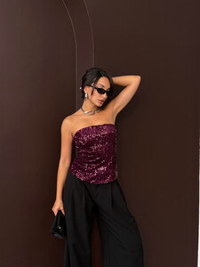 Topshow Arkadan Fermuarlı Straplez Bluz - Mürdüm | F2056 #3