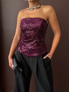 Topshow Arkadan Fermuarlı Straplez Bluz - Mürdüm | F2056 #4