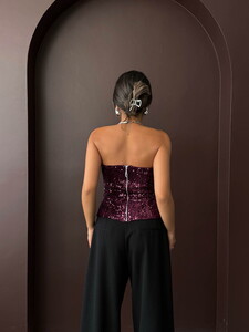 Topshow Arkadan Fermuarlı Straplez Bluz - Mürdüm | F2056 #5