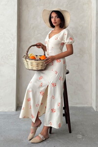 D 2901 NAKIŞLI KETEN ELBİSE - ORANJ #1