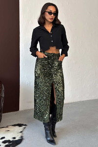 Topshow Pullu Kadife Uzun Etek - Haki | F2053