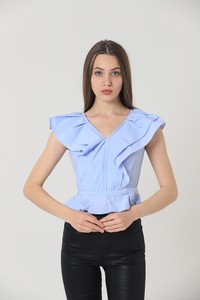 Topshow Mavi V Yaka Omuzdan Bele Fırfırlı Toptan T-Shirt #1