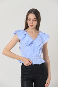 Topshow Mavi V Yaka Omuzdan Bele Fırfırlı Toptan T-Shirt #4
