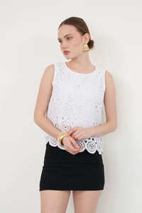 Sıfır Kol Bisiklet Yaka Dantel Toptan T Shirt - Beyaz | TOPSHOW