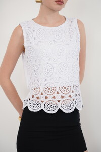 Sıfır Kol Bisiklet Yaka Dantel Toptan T Shirt - Beyaz | TOPSHOW #4