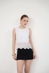 Sıfır Kol Bisiklet Yaka Dantel Toptan T Shirt - Beyaz | TOPSHOW #2