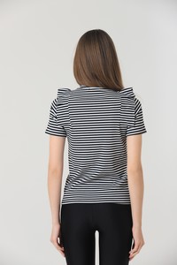 Topshow Siyah Krem Çizgili Omzu Fırfırlı Cizgili Toptan T-Shirt #5