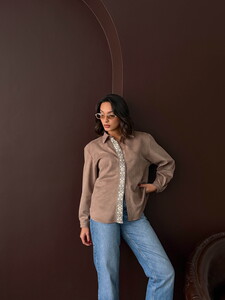 F 1973 ŞERİT DETAYLI SCUBA SÜET GÖMLEK - AÇIK KAHVE #2