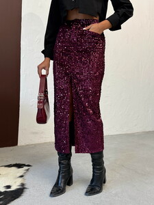 Topshow Pullu Kadife Uzun Etek - Mürdüm | F2053 #3