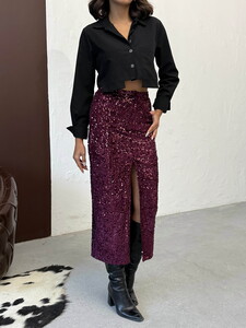 Topshow Pullu Kadife Uzun Etek - Mürdüm | F2053 #4