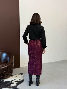 Topshow Pullu Kadife Uzun Etek - Mürdüm | F2053 #5