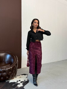 Topshow Pullu Kadife Uzun Etek - Mürdüm | F2053 #2