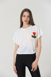 Topshow Krem Bisiklet Yaka Nakışlı Cepli Toptan Bluz #2