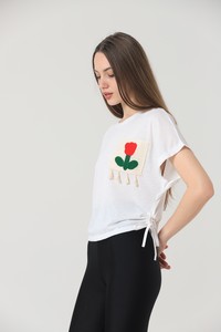 Topshow Krem Bisiklet Yaka Nakışlı Cepli Toptan Bluz #3
