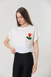 Topshow Krem Bisiklet Yaka Nakışlı Cepli Toptan Bluz #1