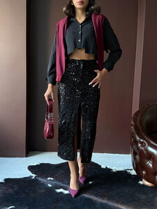 Topshow Pullu Kadife Uzun Etek - Siyah Siyah | F2053 #4