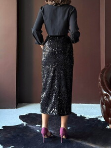 Topshow Pullu Kadife Uzun Etek - Siyah Siyah | F2053 #5