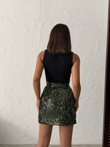 Topshow Pullu Kadife Payet Mini Etek - Haki | F2054 #5