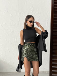 Topshow Pullu Kadife Payet Mini Etek - Haki | F2054 #2