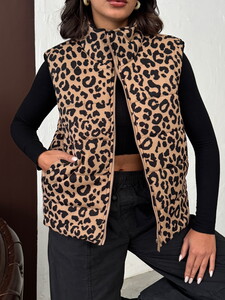 Topshow Vizon Siyah Leopar Desenli Kapitone Yelek | F1785 #4