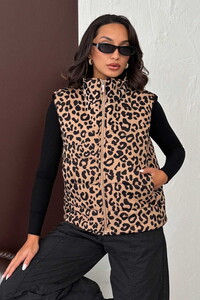 Topshow Vizon Siyah Leopar Desenli Kapitone Yelek | F1785 #1