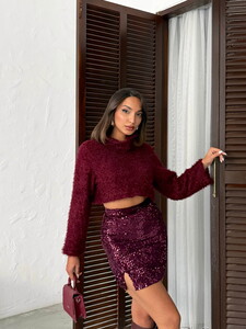 Topshow Pullu Kadife Payet Mini Etek - Mürdüm | F2054 #2