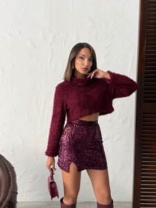 Topshow Pullu Kadife Payet Mini Etek - Mürdüm | F2054 #3